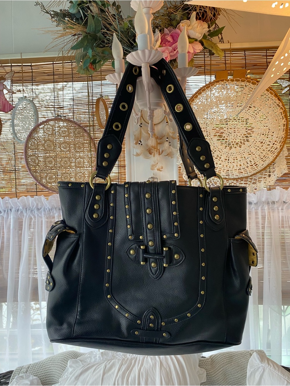 Vintage Nine West Black Studded Tote